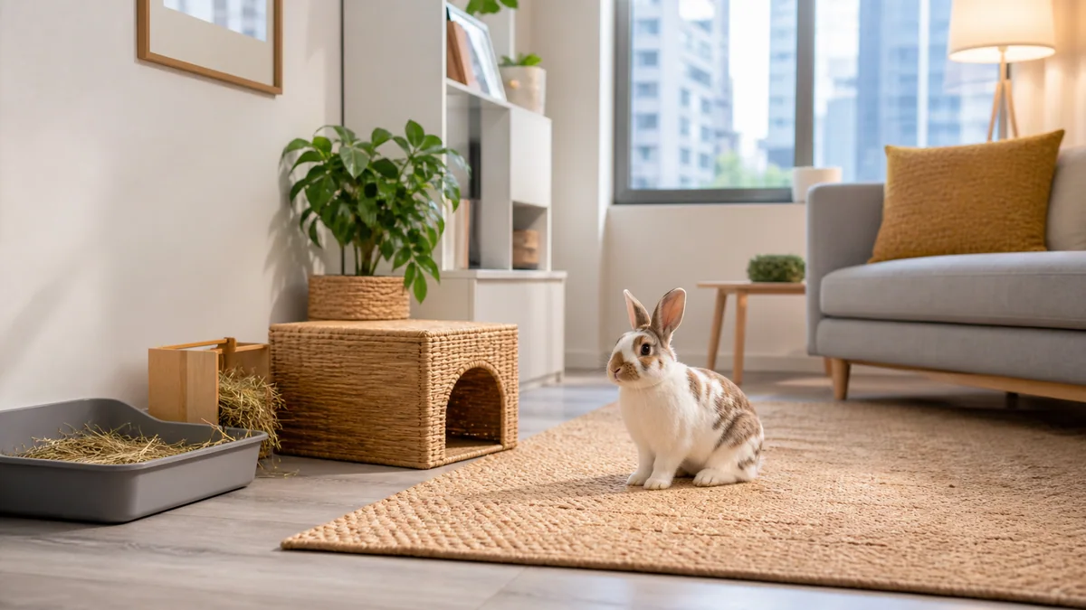 Lapin nain en liberté dans un salon aménagé