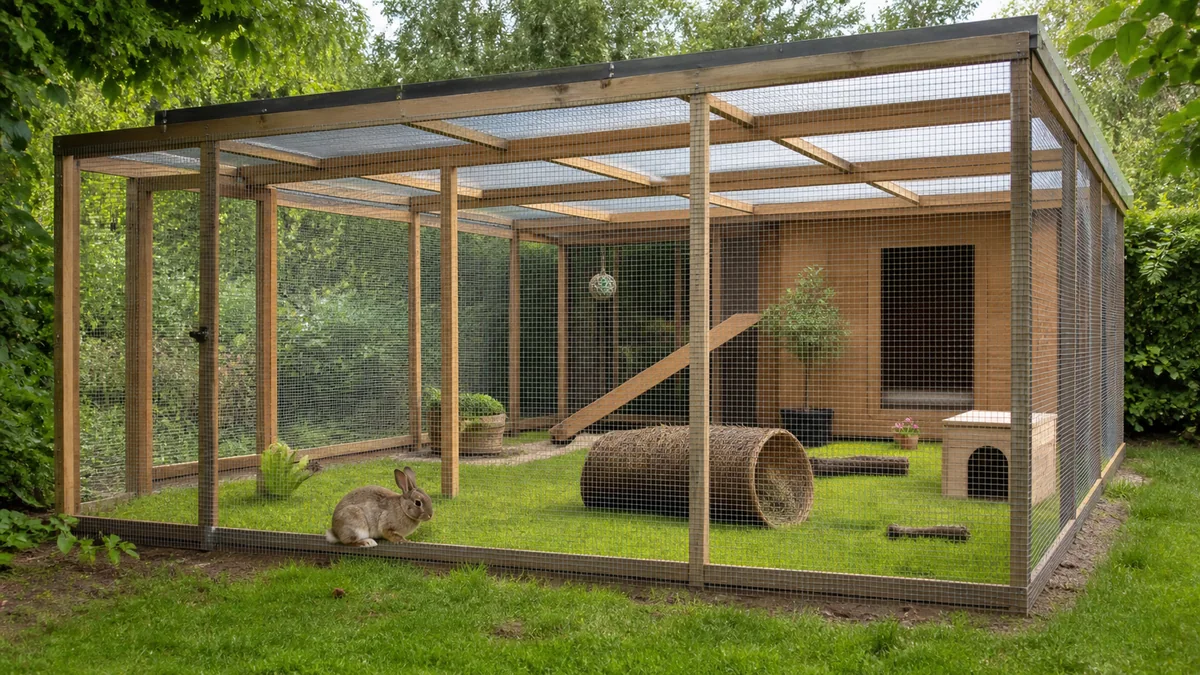Lapin nain dans un enclos extérieur sécurisé dans un jardin