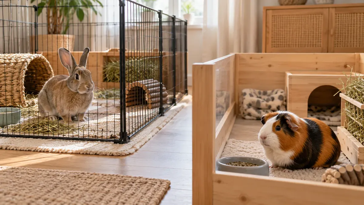 Un lapin et un cochon d’Inde dans deux enclos distincts séparés par un espace.