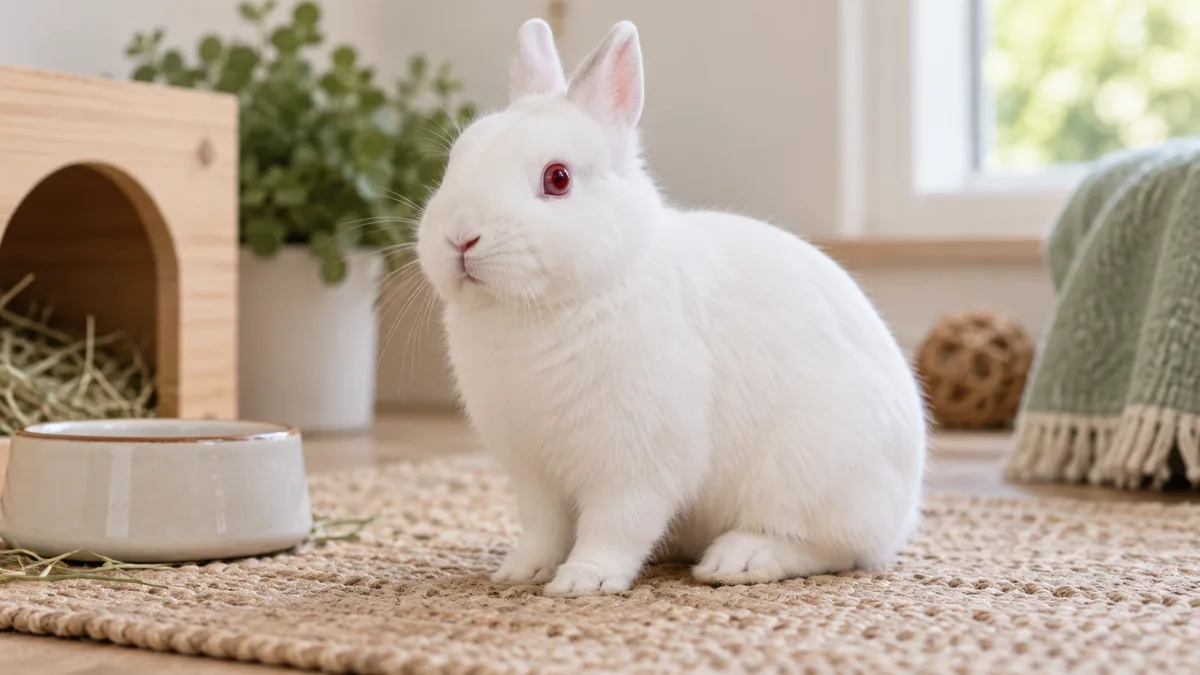 Portrait d'un lapin hermine blanc aux yeux rouges
