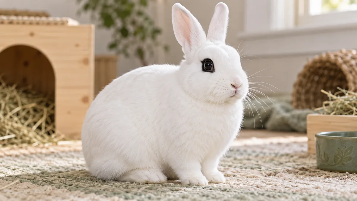 Lapin blanc de Hotot aux yeux cerclés de noir