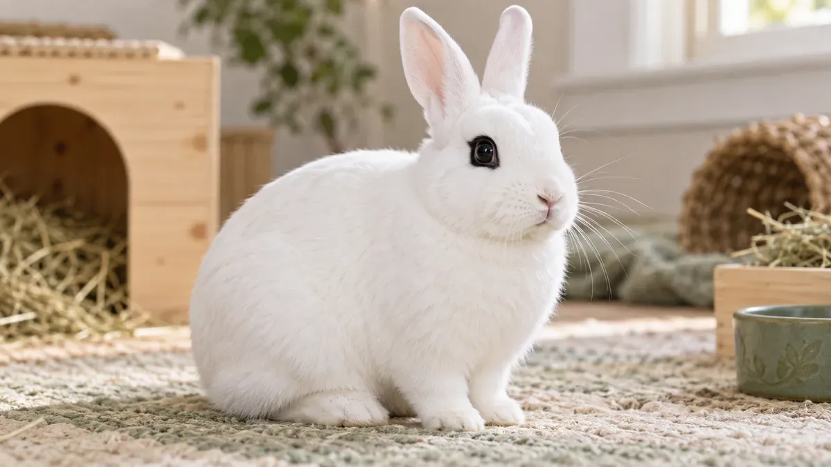 White Blanc de Hotot rabbit with black eye rings