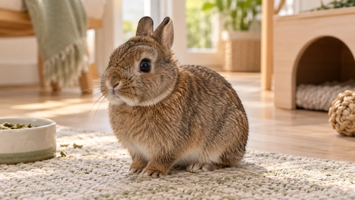 Adult Netherland Dwarf rabbit with a compact agouti body