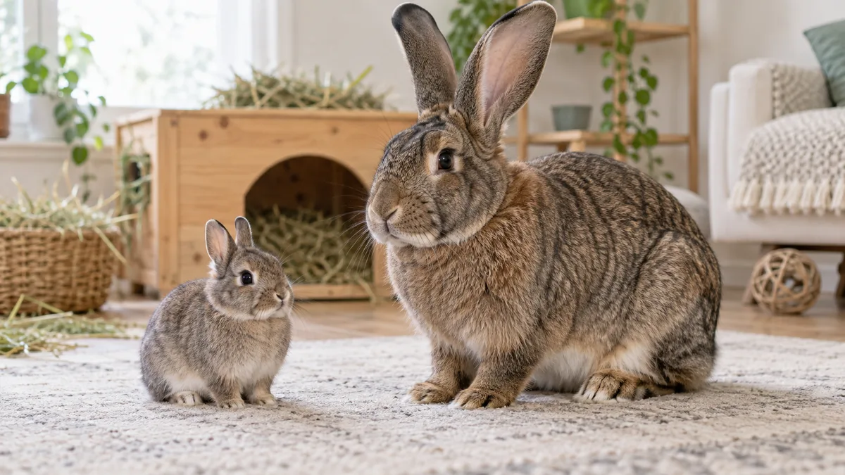 Lapin nain et lapin géant assis côte à côte pour comparer leur gabarit