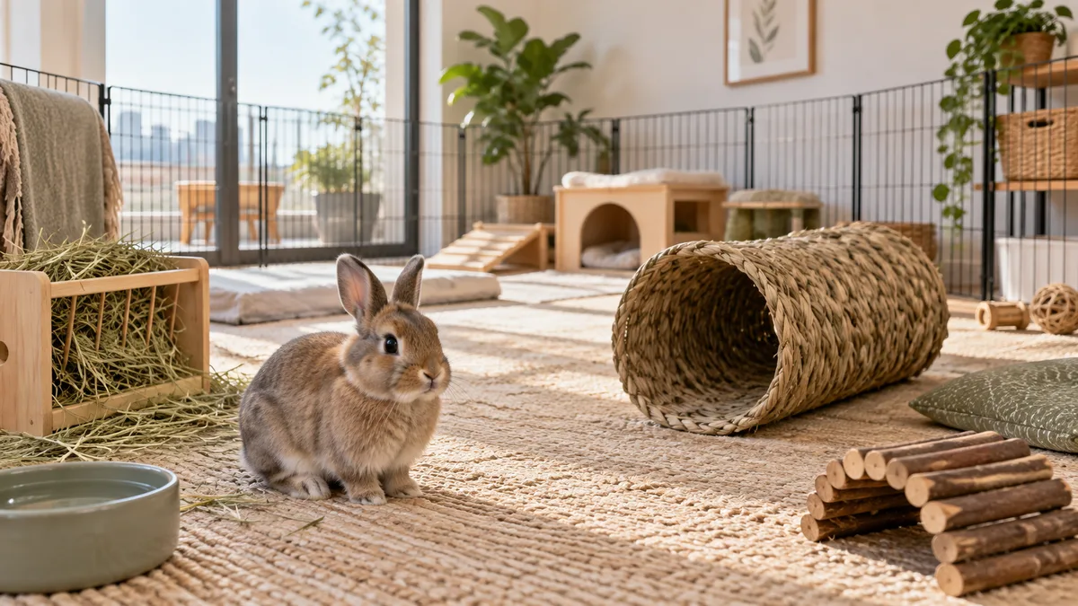 Lapin nain adulte dans un vaste espace de vie intérieur
