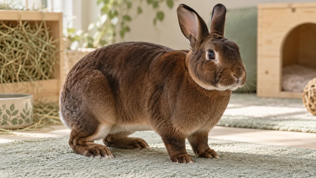 Brown Rex rabbit with short velvet fur on a soft mat