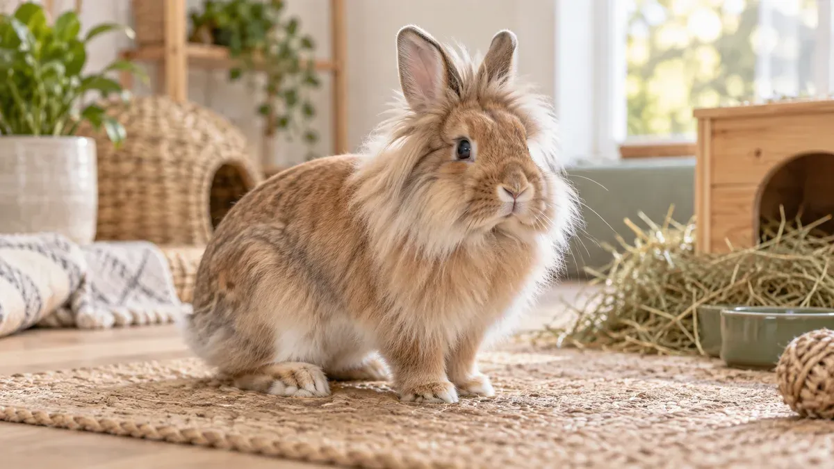 Realistic portrait of an adult lionhead rabbit