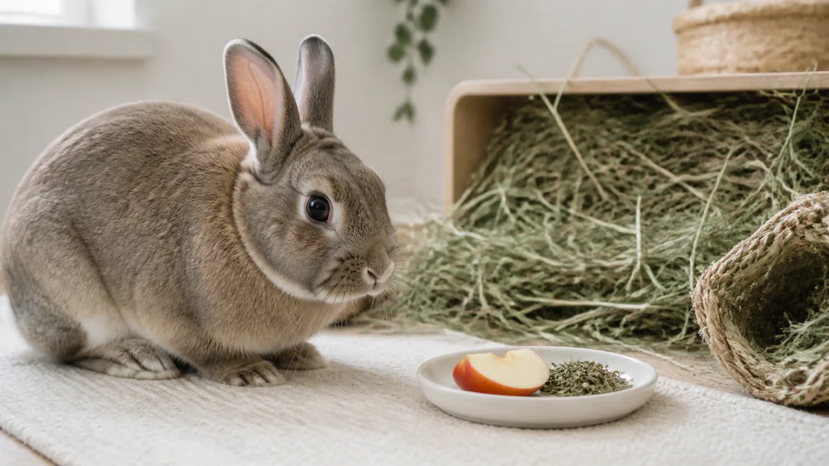 Lapin nain reniflement un morceau de fruit frais