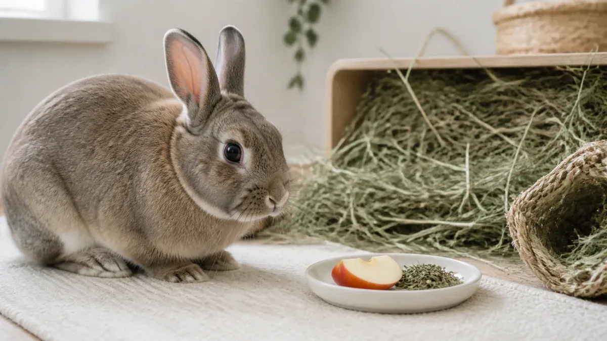 Dwarf rabbit sniffing a small piece of fresh fruit held by a hand