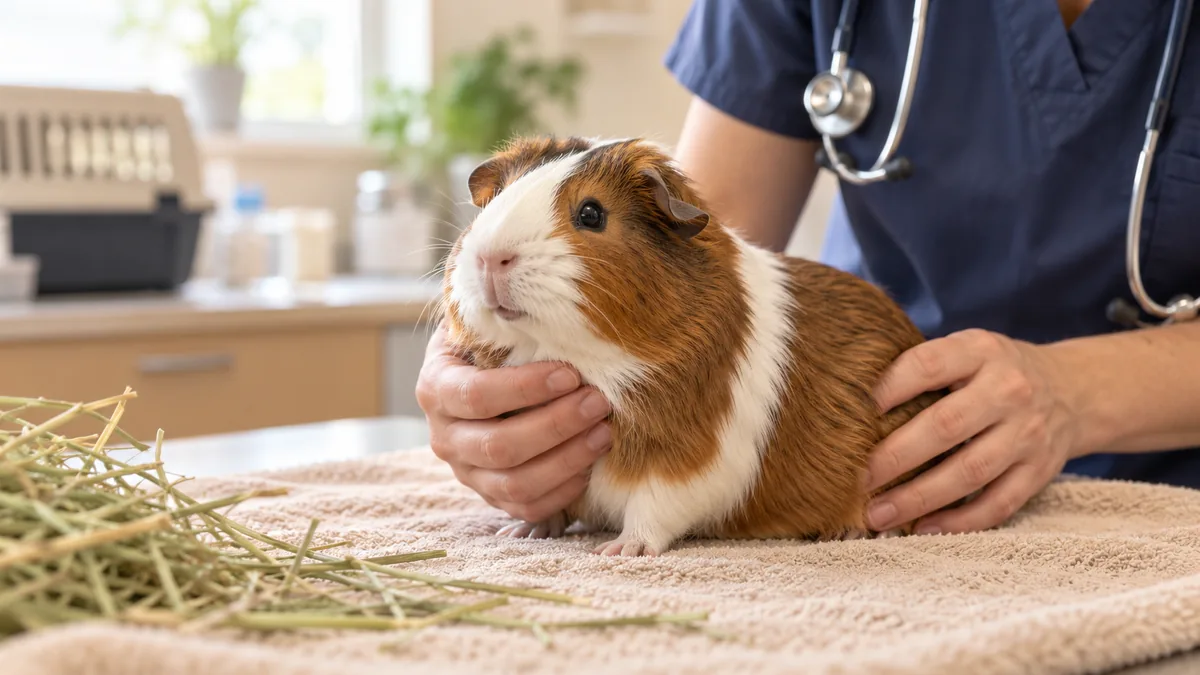 A guinea pig gently examined by a vet on a towel.
