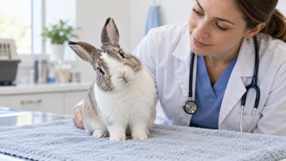 Lapin à la tête modérément penchée examiné par un vétérinaire