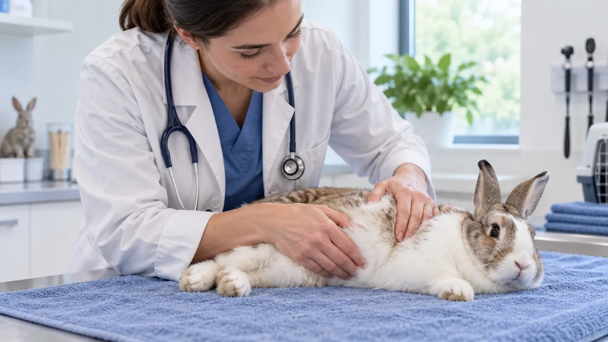 Vétérinaire palpant doucement l'abdomen d'un lapin