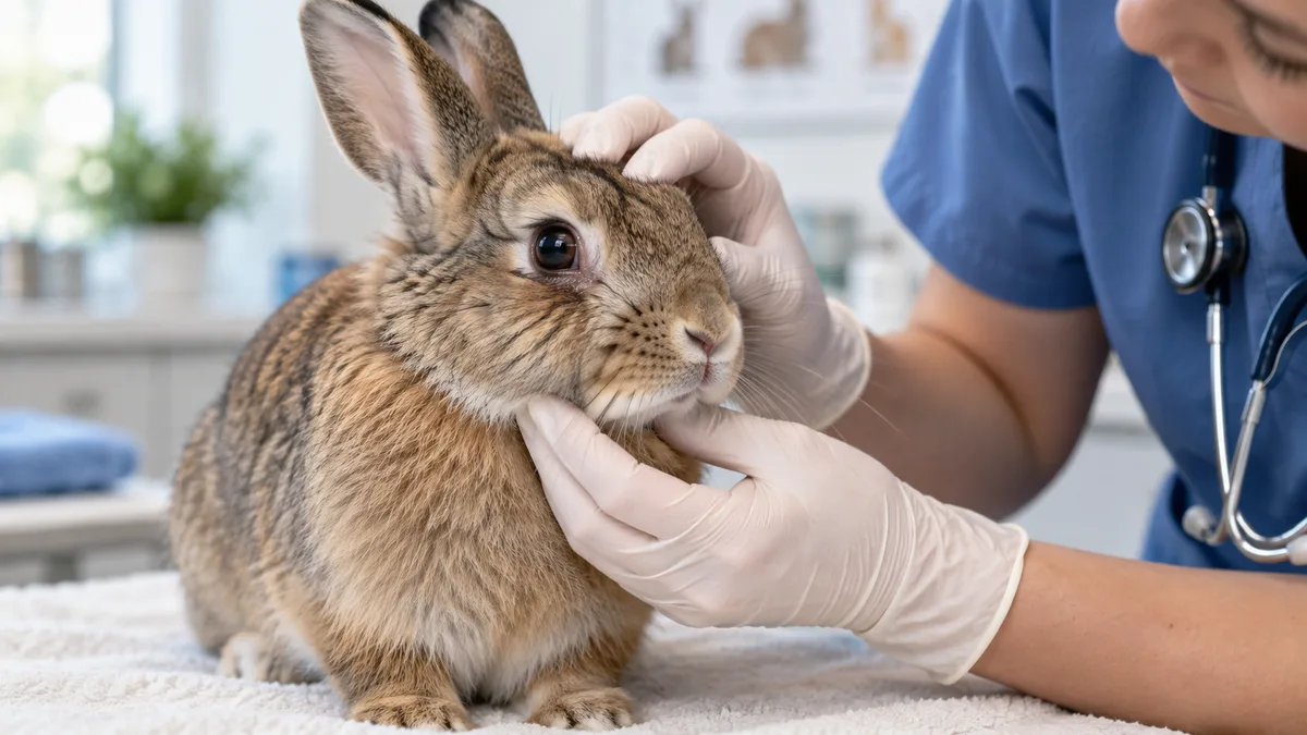 Lapin avec une légère humidité sous un œil examiné en clinique