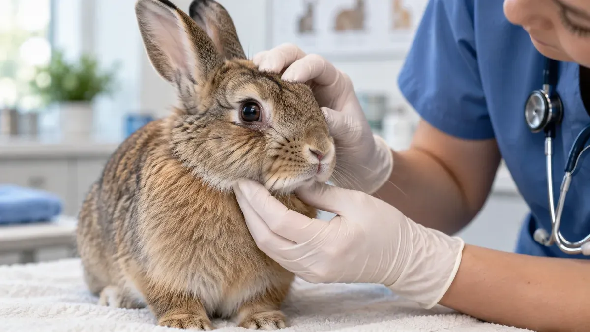 Lapin avec une légère humidité sous un œil examiné en clinique