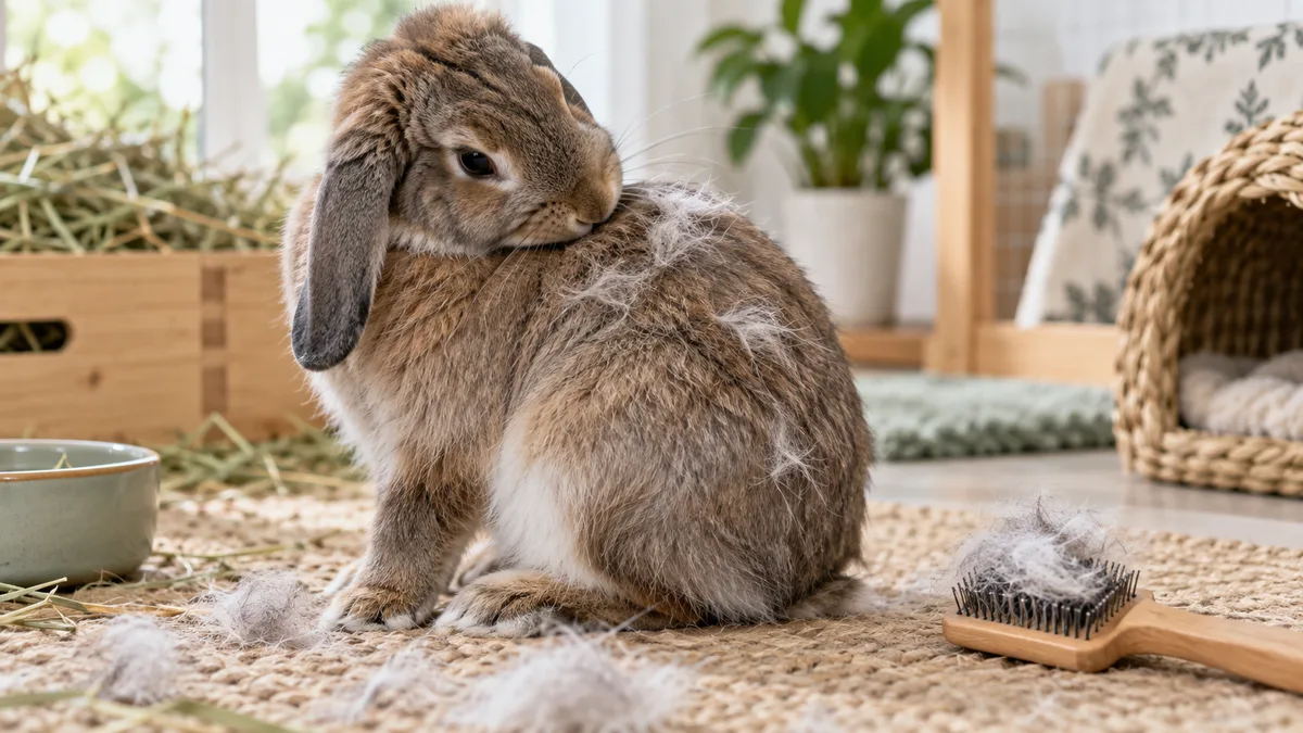 Lapin en mue faisant sa toilette avec quelques poils détachés