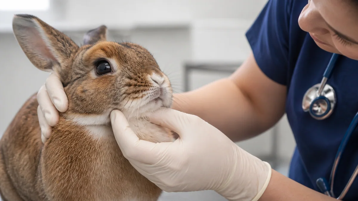 Lapin nain avec poil humide sous le menton, signe possible de bavage
