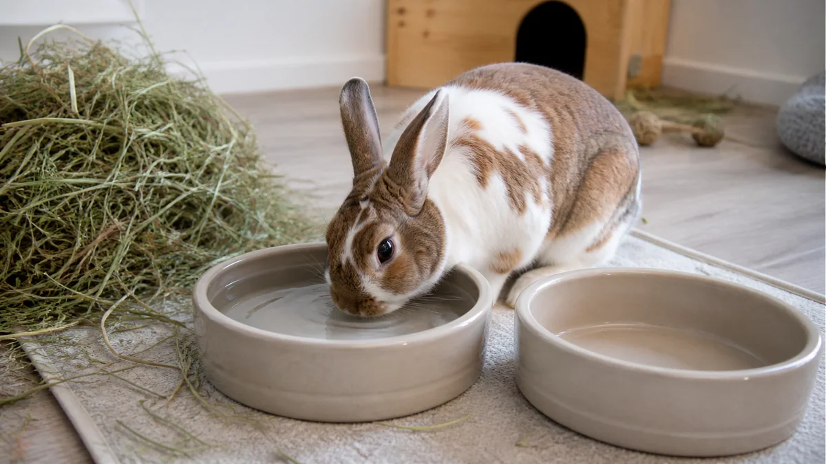 Lapin buvant longuement dans une gamelle d'eau posée au sol