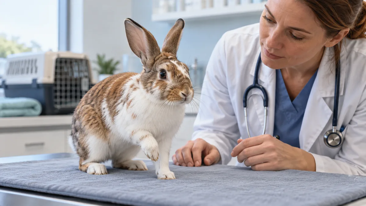 Lapin tenant une patte avant levée pendant un examen vétérinaire