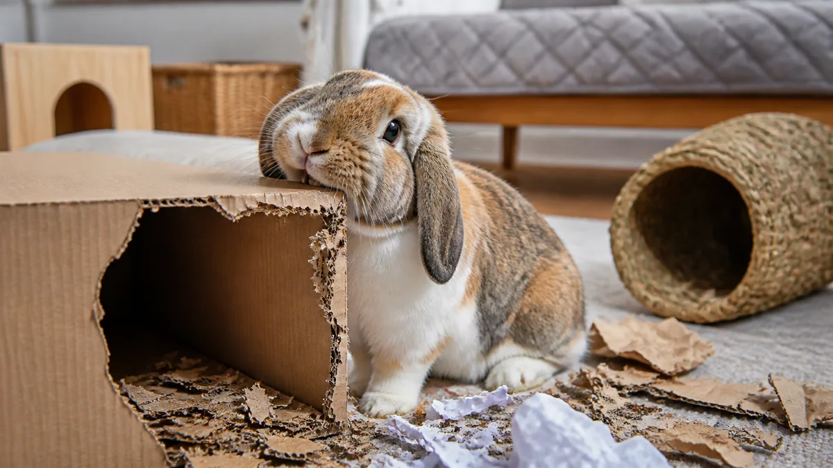 Lapin rongeant une branche de bois brut posée le long d'une plinthe protégée