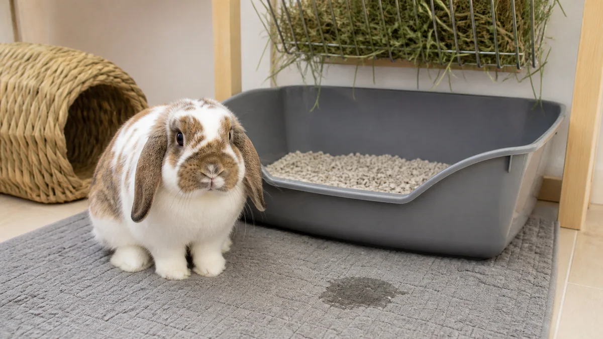 Lapin assis à côté de son bac à litière dans un coin de la pièce