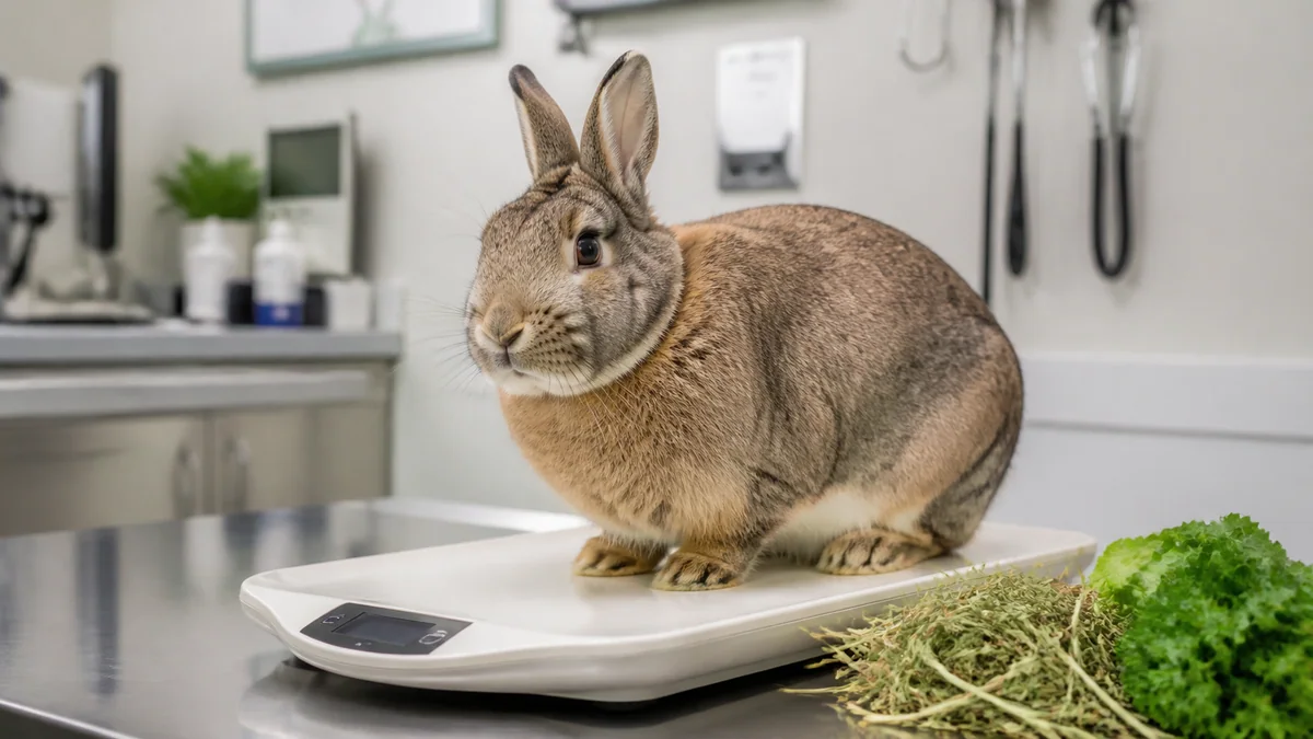 Lapin adulte au corps arrondi assis à côté de sa gamelle de granulés