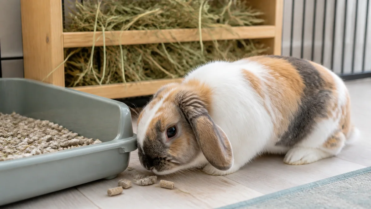 Lapin allongé dans un bac garni de litière de papier avec du foin au bord