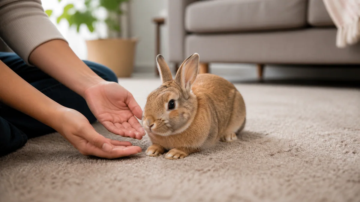 Personne soulevant délicatement un lapin en soutenant son arrière-train
