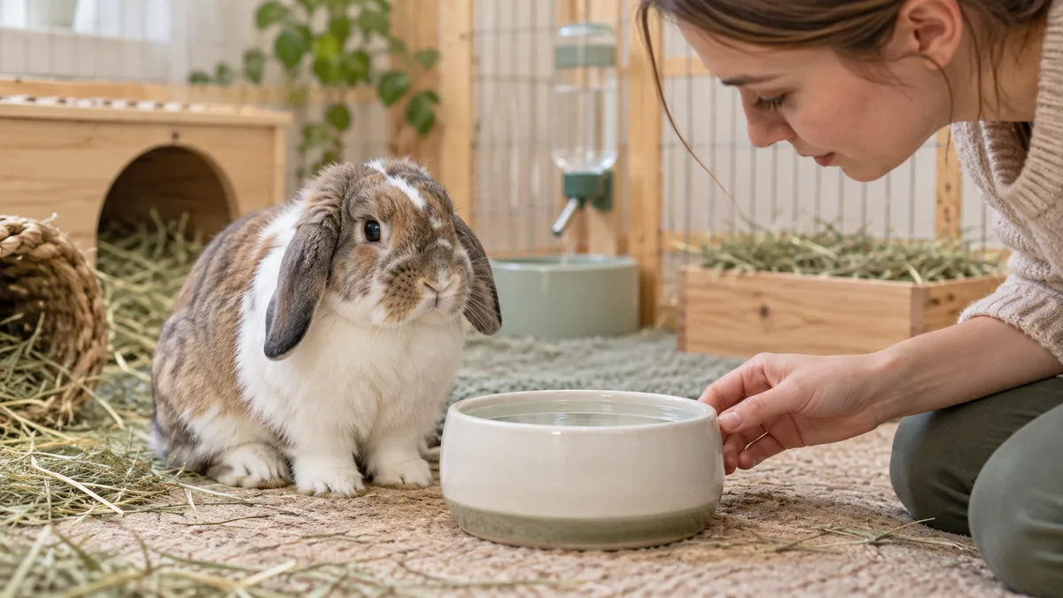 Lapin calme près d'une gamelle d'eau encore pleine