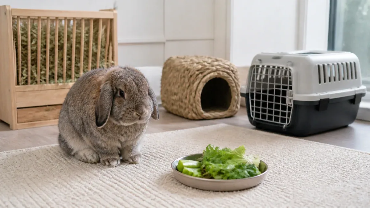 Lapin nain apathique devant son foin non consommé