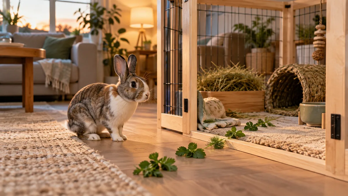Lapin hésitant devant la porte ouverte de son enclos