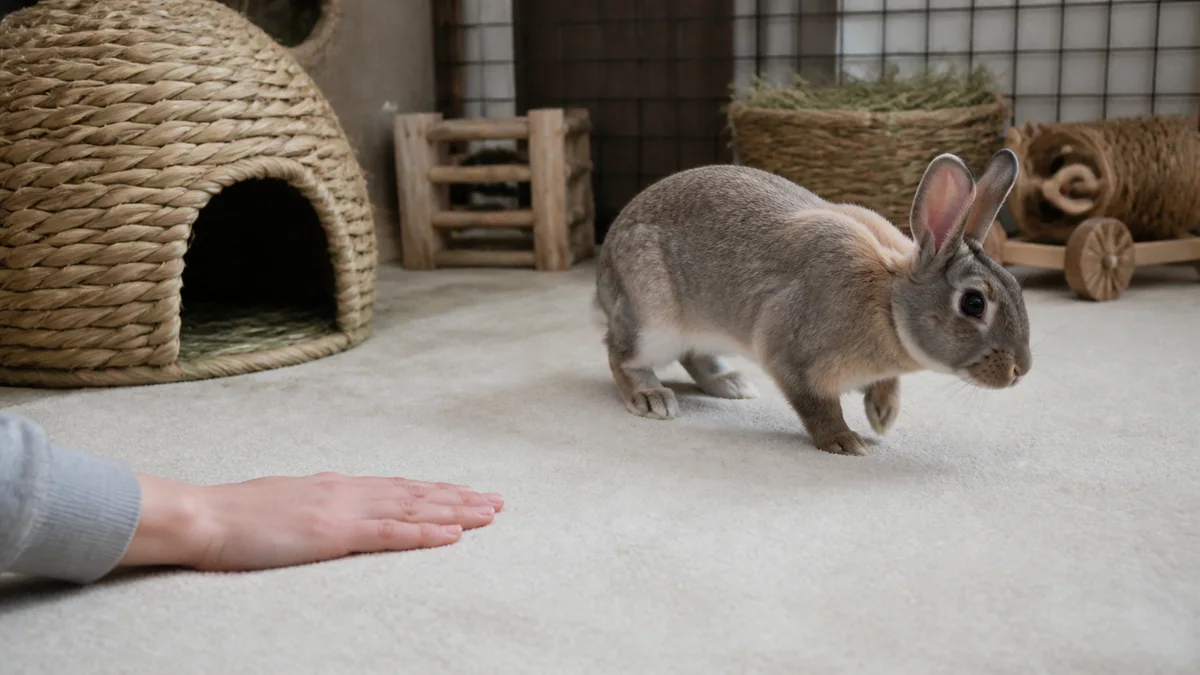 Main qui approche un lapin qui se recule, illustrant un refus de caresse