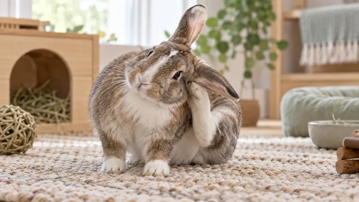Rabbit naturally scratching behind one ear