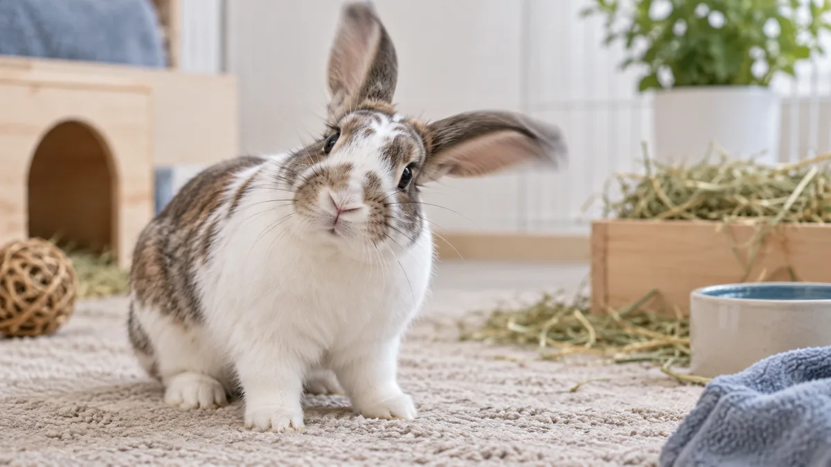 Lapin secouant doucement la tête avec les oreilles en mouvement