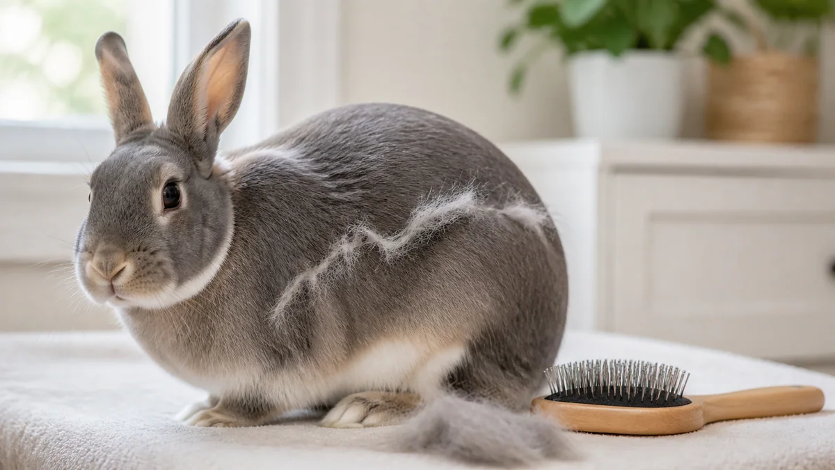 Lapin en pleine mue, poils en train de se détacher sur le dos