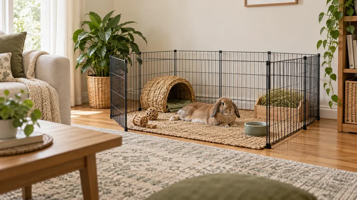 Spacious rabbit pen placed in a quiet living-room corner