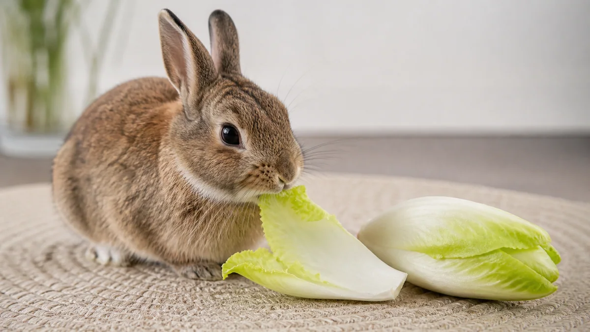 Lapin nain grignotant une feuille d'endive fraîche