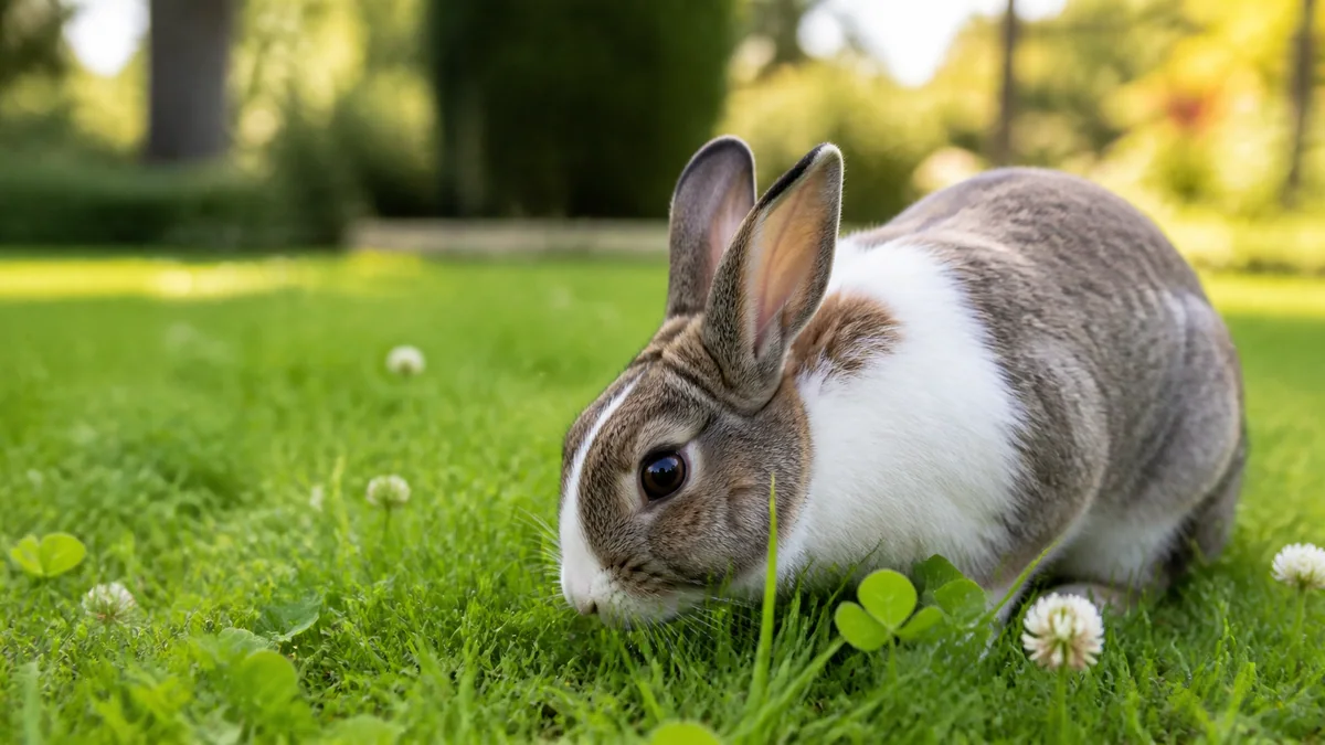 Lapin nain en train de brouter de l'herbe fraîche dans un jardin