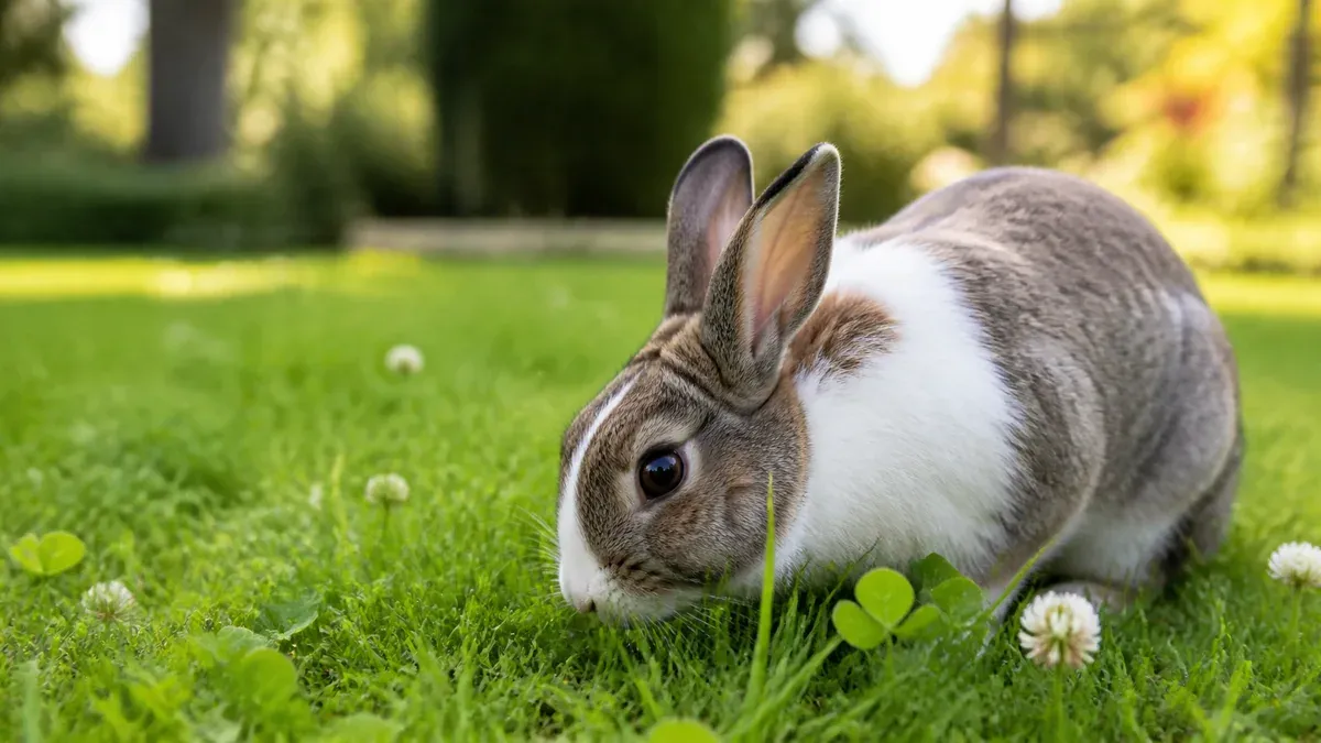Lapin nain en train de brouter de l'herbe fraîche dans un jardin