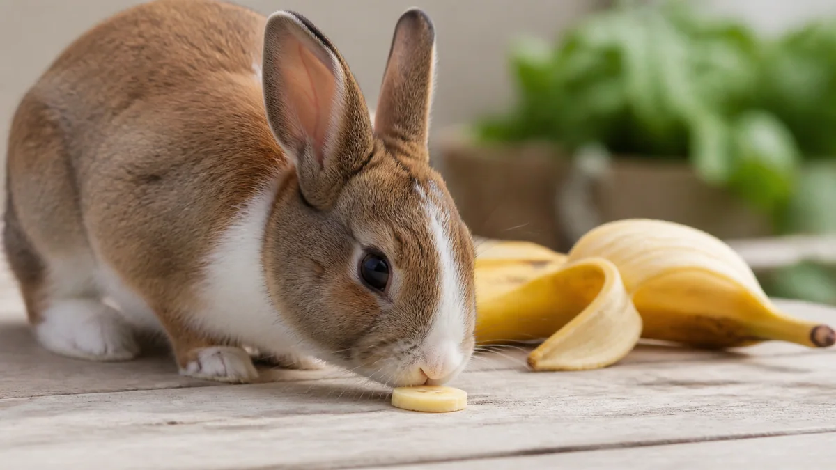 Lapin nain face à une petite rondelle de banane fraîche