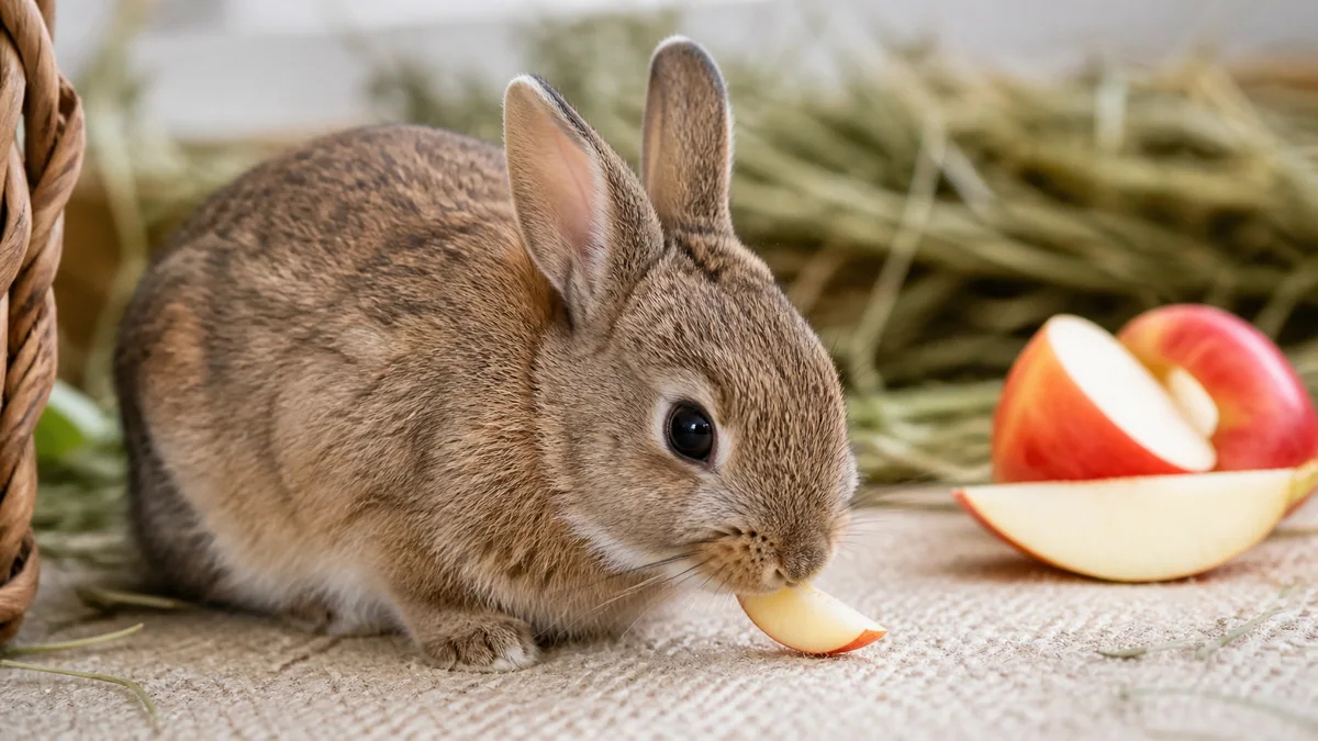Lapin nain croquant une fine tranche de pomme sans pépin