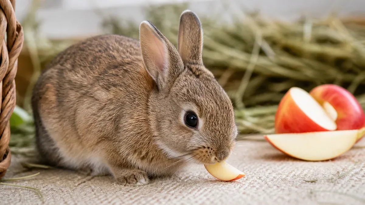 Dwarf rabbit nibbling a thin slice of seedless apple