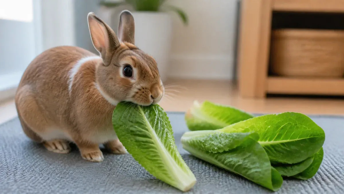 Lapin nain mangeant une feuille de romaine fraîche