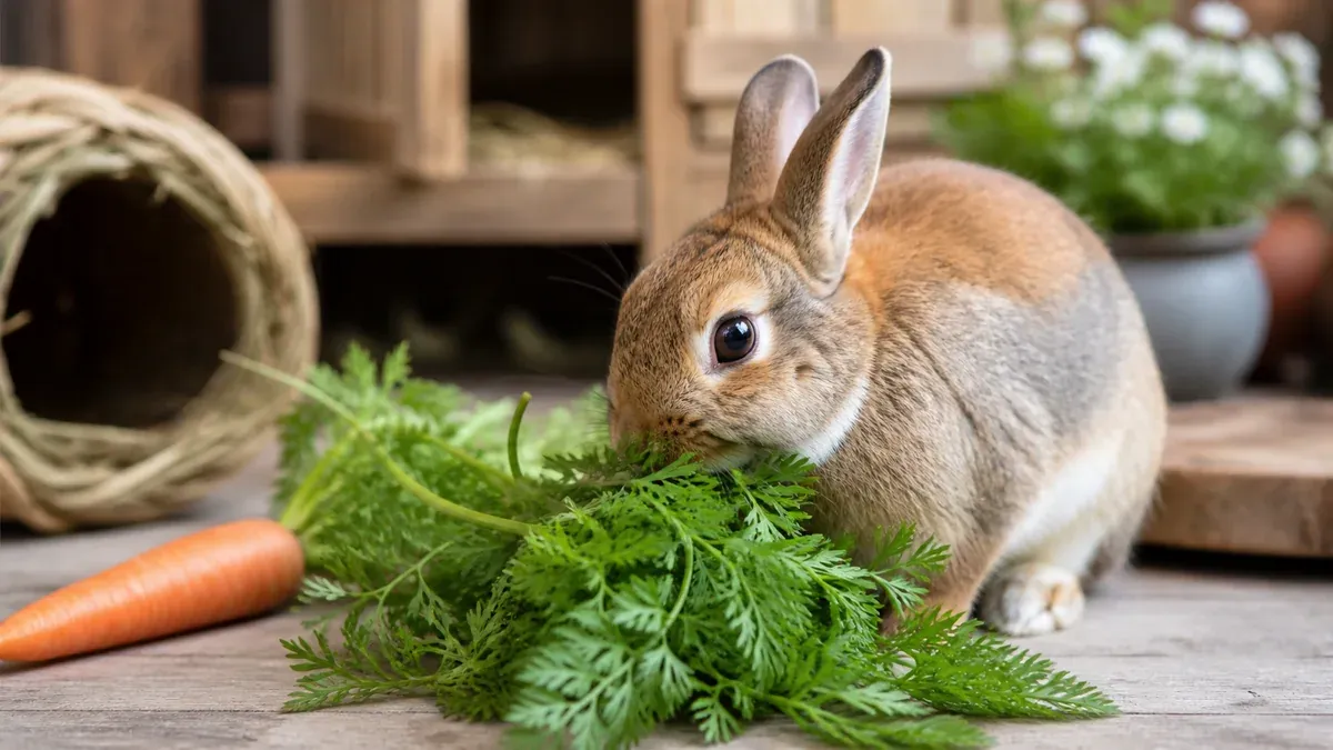 Lapin nain croquant des fanes de carottes fraîches bien vertes