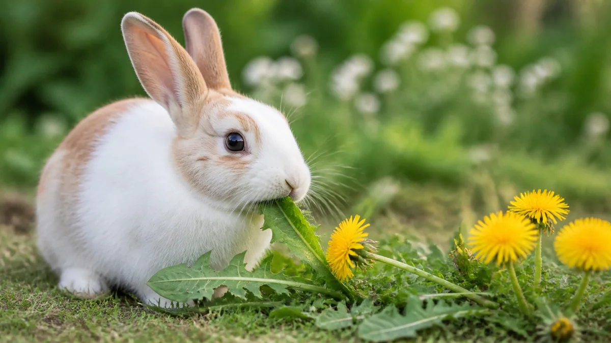 Lapin nain mangeant des feuilles de pissenlit fraîches cueillies au jardin