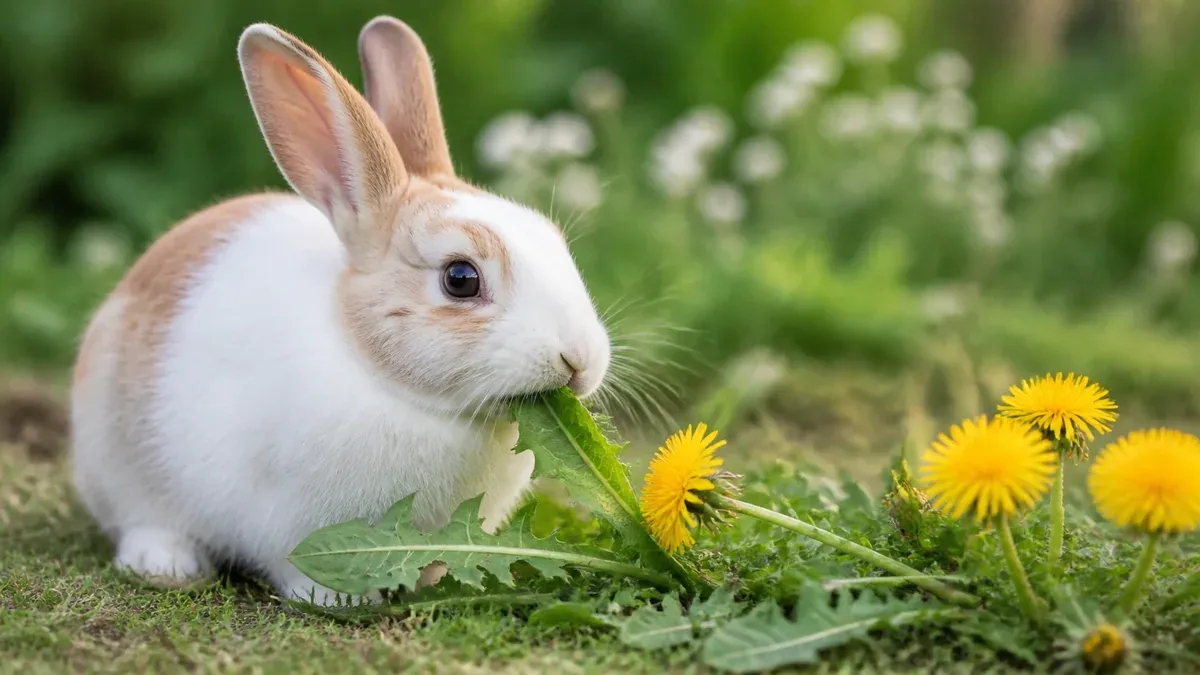 Lapin nain mangeant des feuilles de pissenlit fraîches cueillies au jardin
