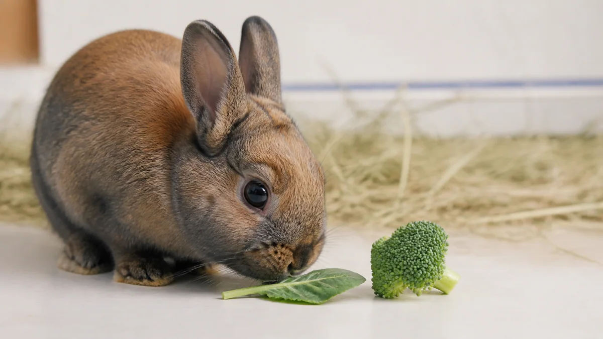 Lapin nain reniflant une petite tige de brocoli frais