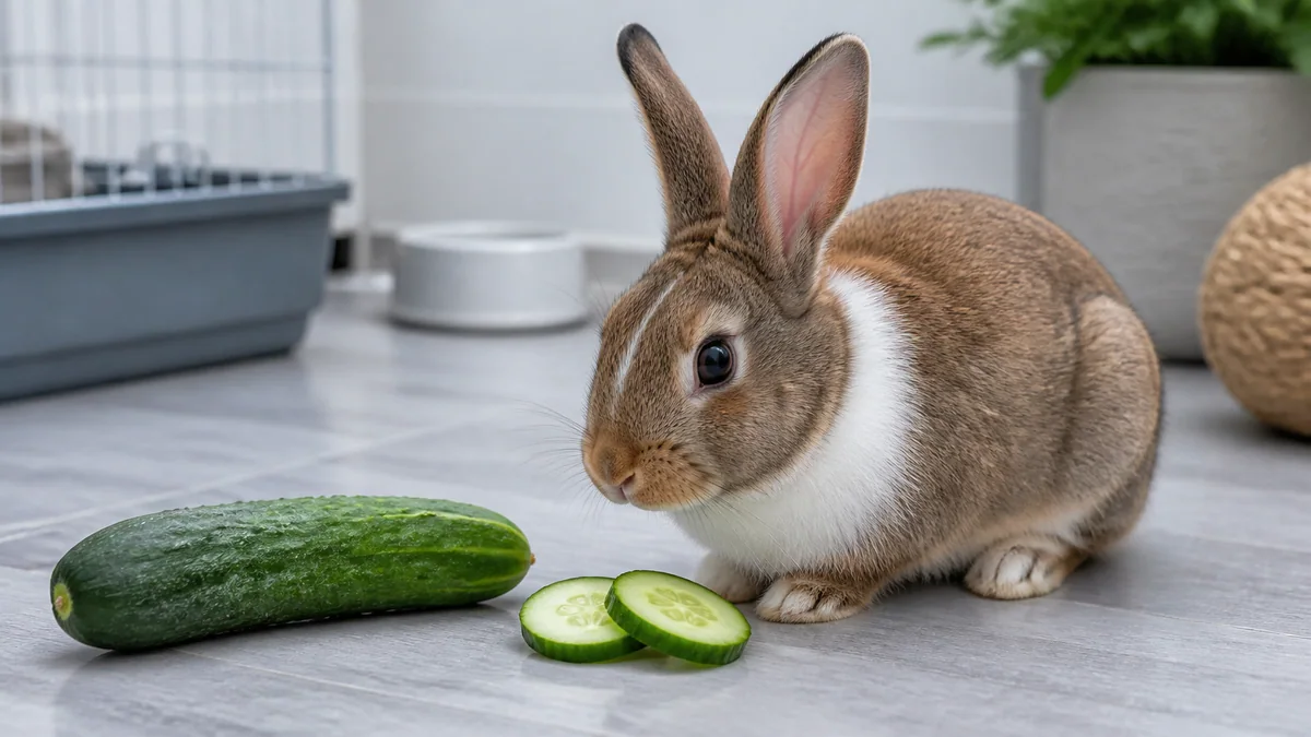 Lapin nain regardant une rondelle de concombre posée devant lui