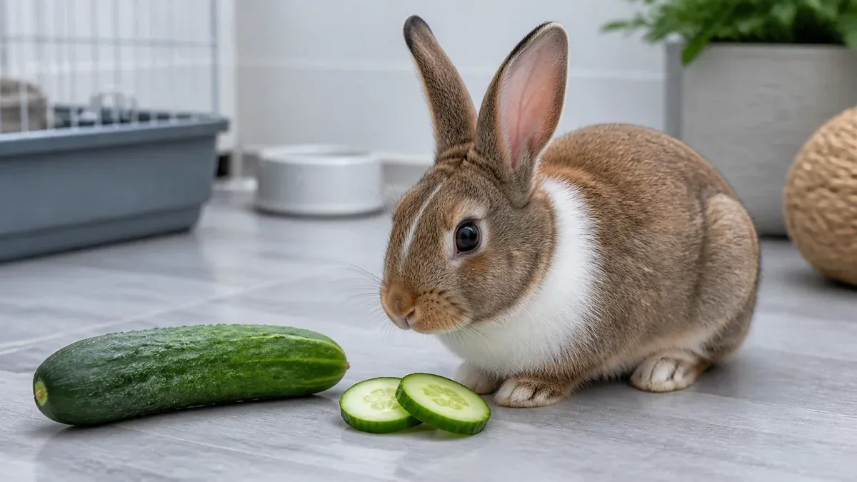 Dwarf rabbit looking at a cucumber slice placed in front of it