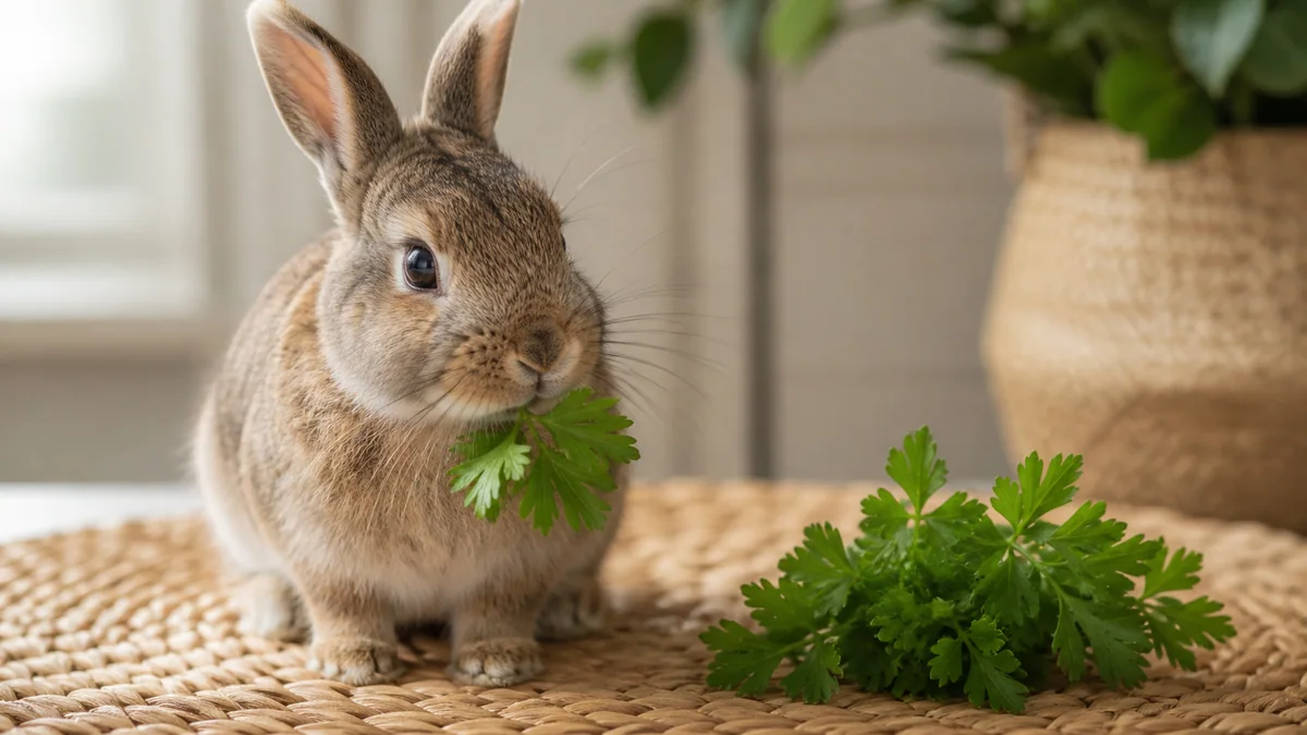 Lapin nain mangeant quelques brins de persil plat frais