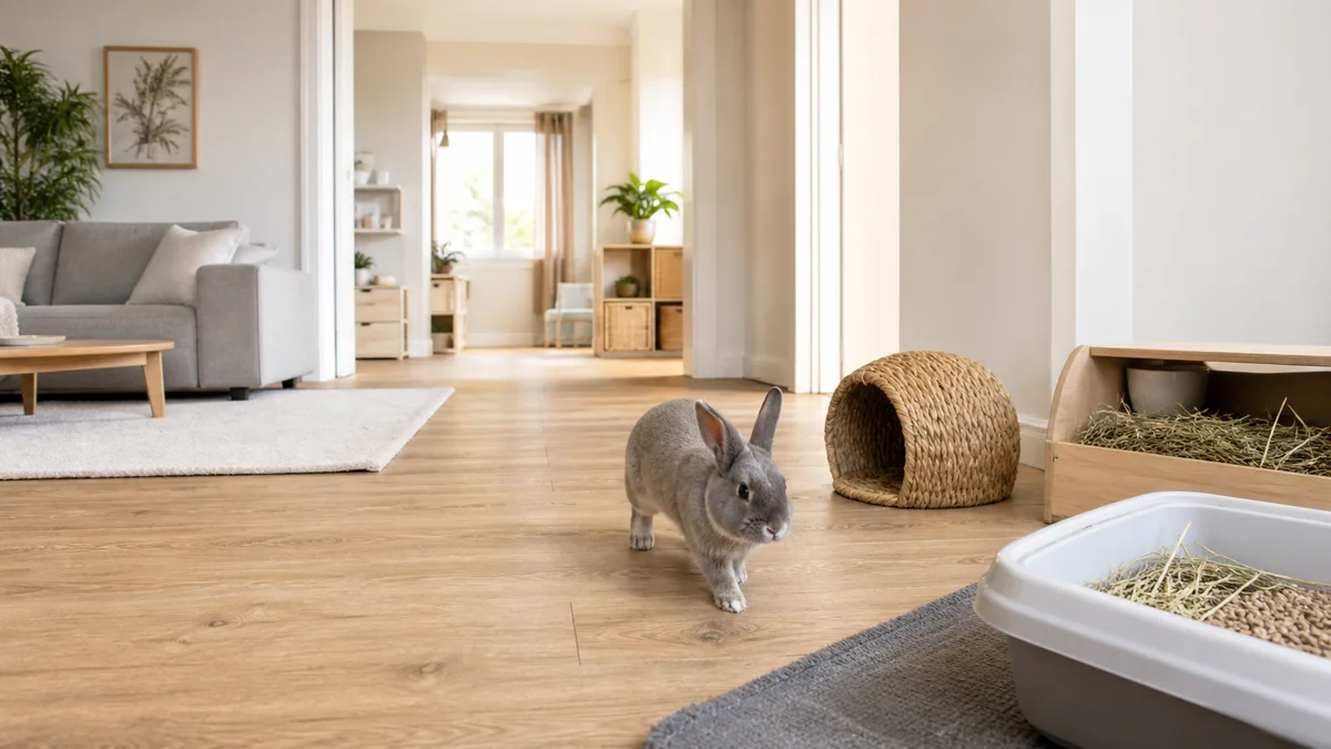 Lapin nain se déplaçant librement dans un salon sécurisé, sans cage ni enclos visible